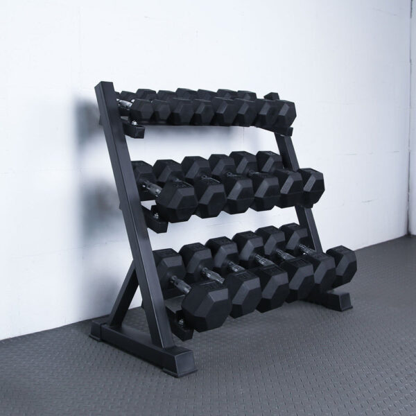 550-pound-rubber-coated-dumbbells-set-with-rack-stand-ritfit-308032 Rubber Hex Dumbbell Set with Rack